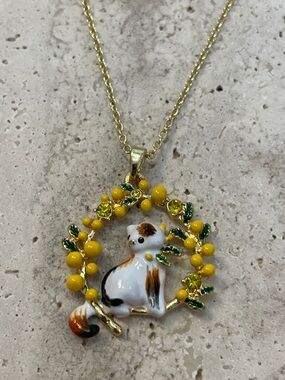 Les Néréides Paris Cat Pendant Necklace Yellow Enamel Floral Wreath | French Rom